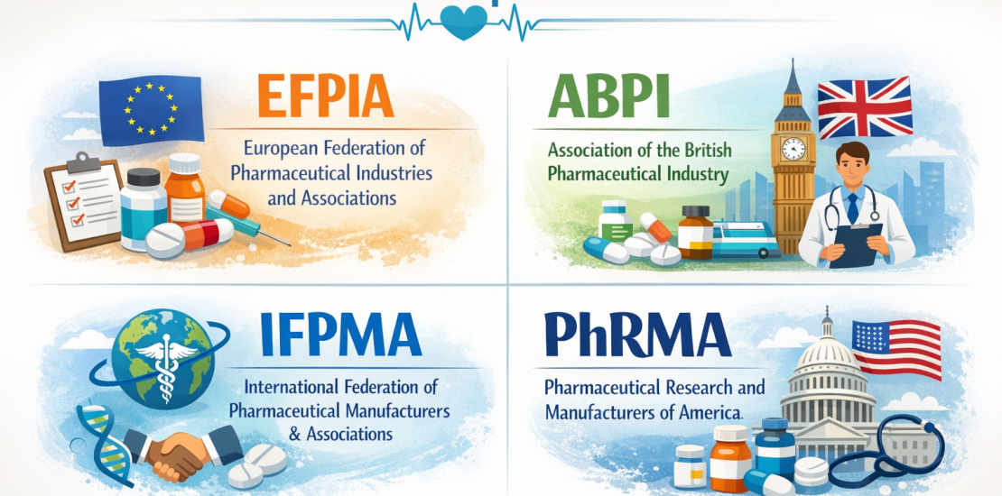 An image depicting global healthcare compliance codes from EFPIA, ABPI, IFPMA, and PhRMA