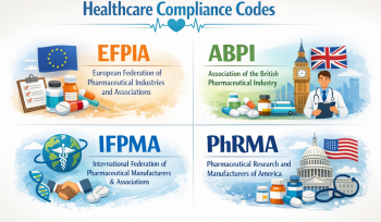 An image depicting global healthcare compliance codes from EFPIA, ABPI, IFPMA, and PhRMA