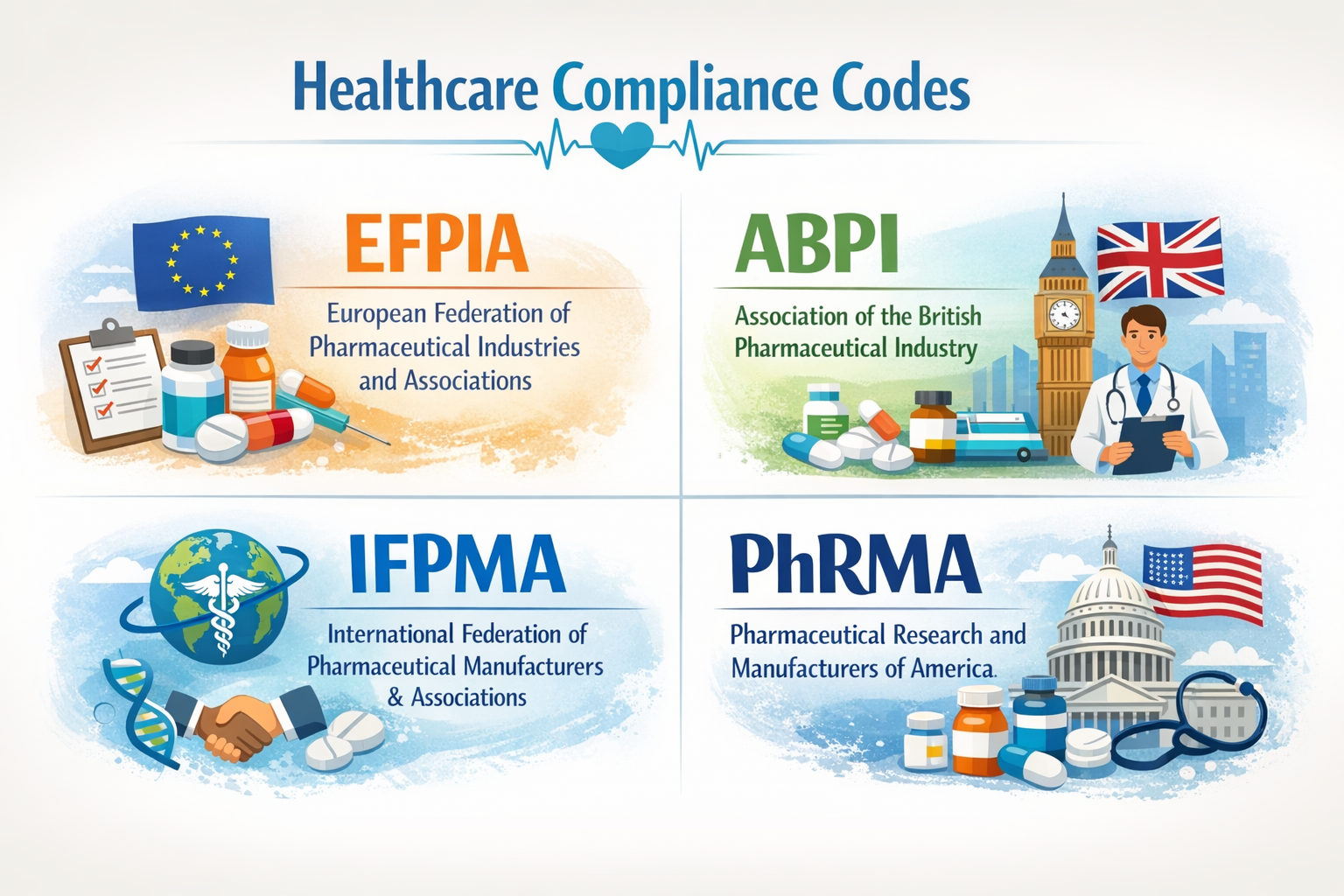 An image depicting global healthcare compliance codes from EFPIA, ABPI, IFPMA, and PhRMA