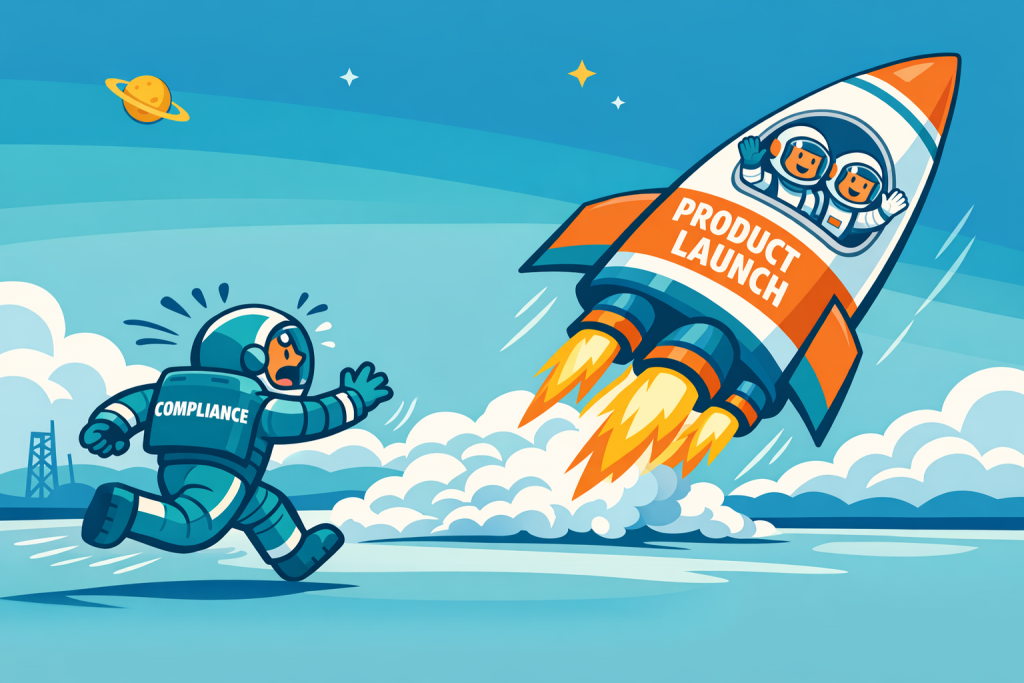 An image of a symbolic rocket taking off and a Compliance astronaut running to catch up