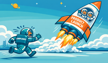 An image of a symbolic rocket taking off and a Compliance astronaut running to catch up