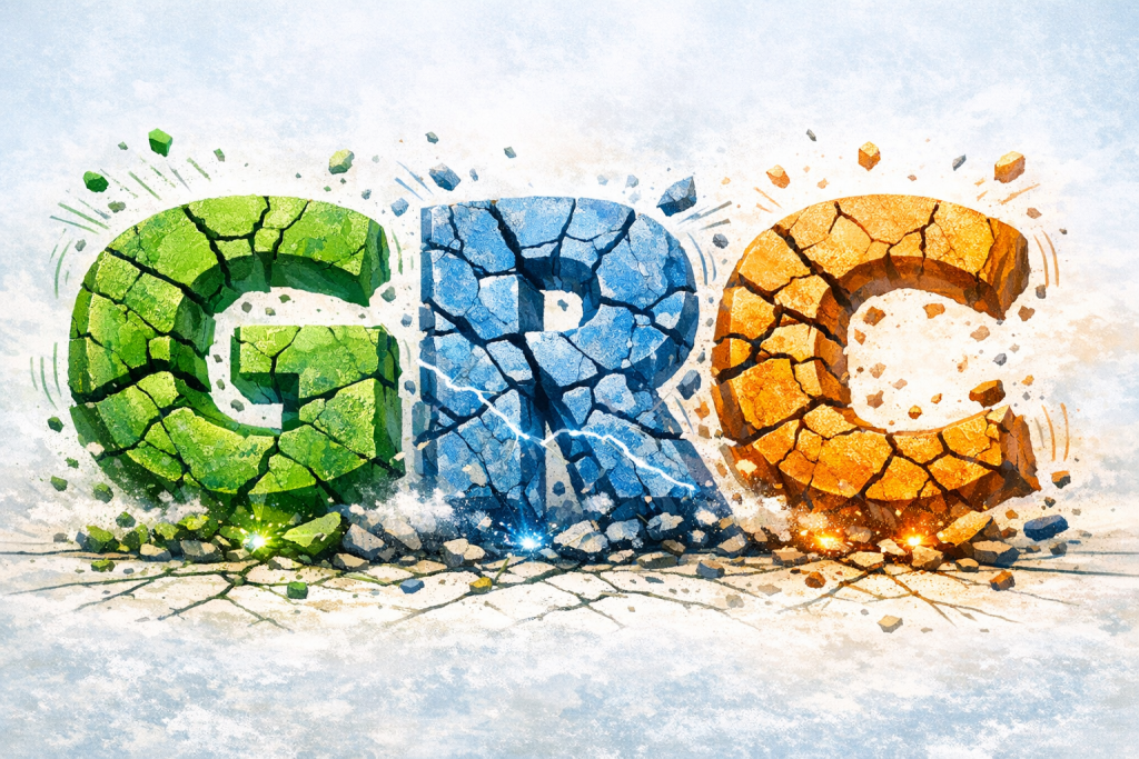 The letters GRC cracking and shaking