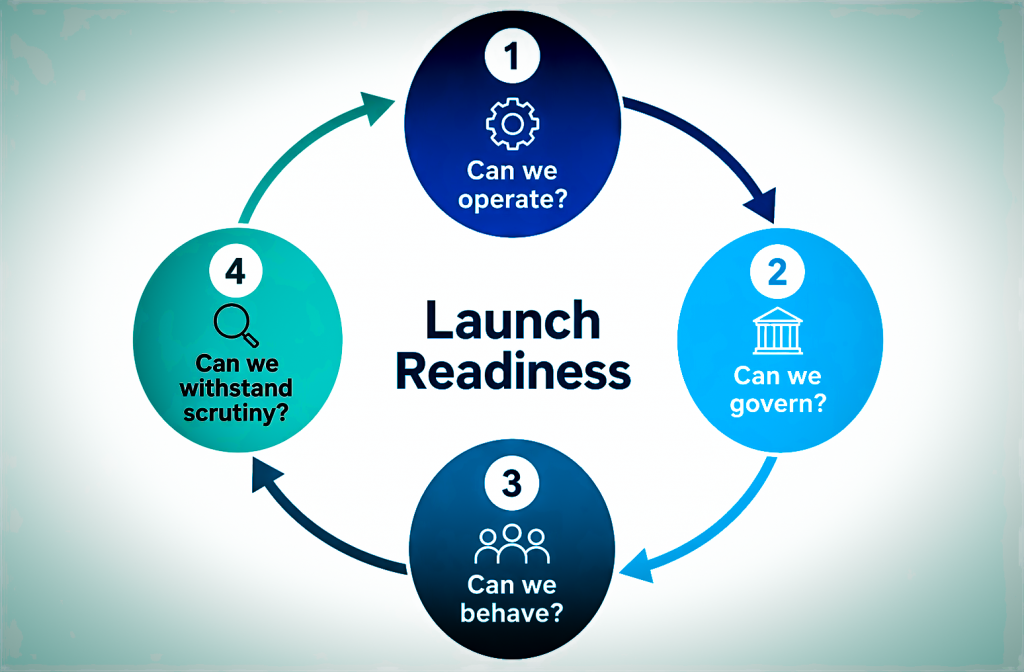 An image showing the four elements of launch readiness - operating capability, governance, behaviour, and scrutiny