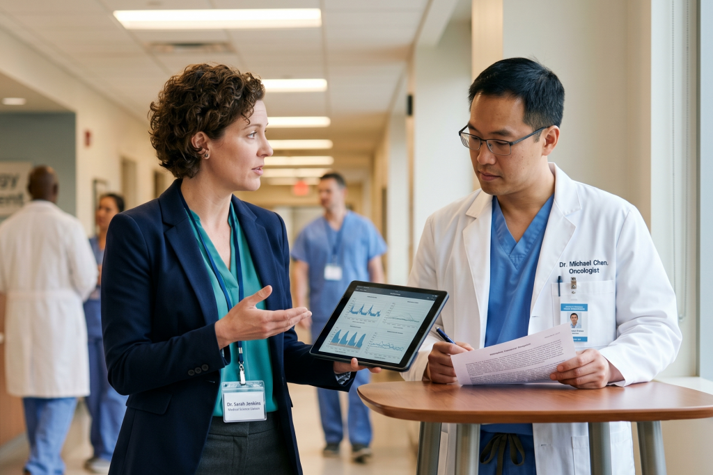 An AI generated image of two people talking in a hospital setting