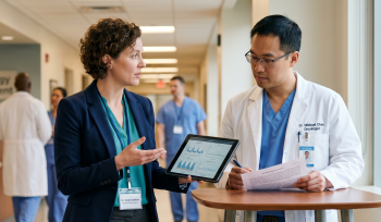 An AI generated image of two people talking in a hospital setting