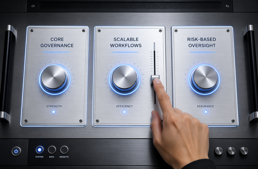 A control panel with three dials labelled strength, efficiency, assurance