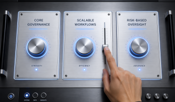 A control panel with three dials labelled strength, efficiency, assurance