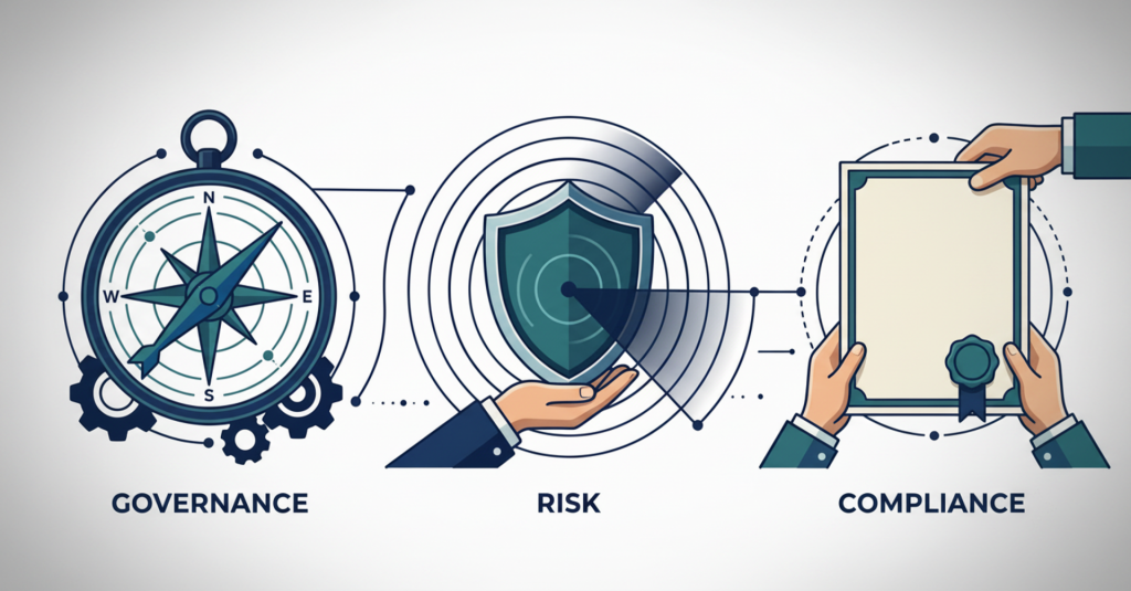 An image portraying Governance as the compass, risk as the shield, and compliance as the license to operate