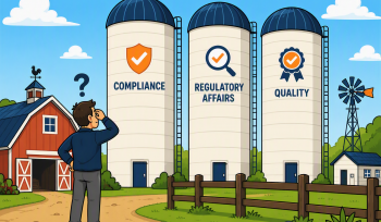 A cartoon farm scene showing silos representing Quality, Compliance and Regulatory affairs