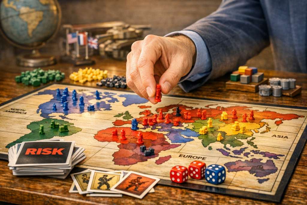 A person moving a piece on the boardgame Risk