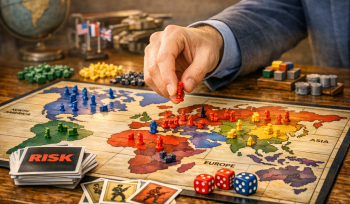 A person moving a piece on the boardgame Risk