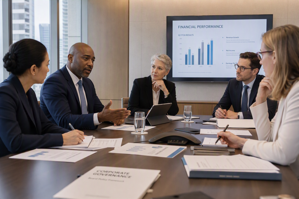 Business professionals sitting around a table discussing corporate governance and financial performance