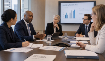 Business professionals sitting around a table discussing corporate governance and financial performance