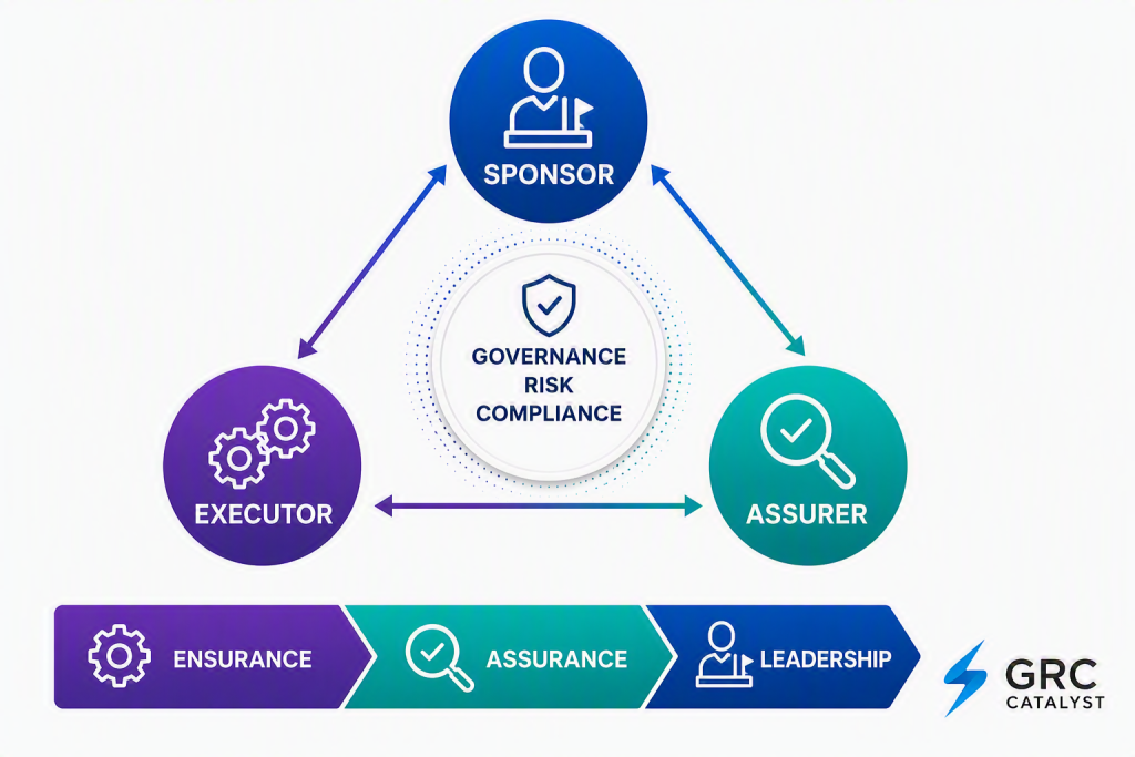 An image showing the links between executor, assurer, and sponsor in the GRC context